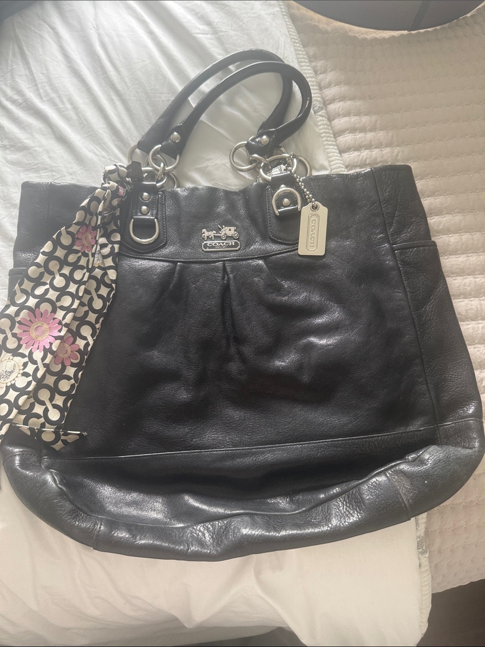 Coach Black Leather Tote with Signature Charm and Scarf Accent